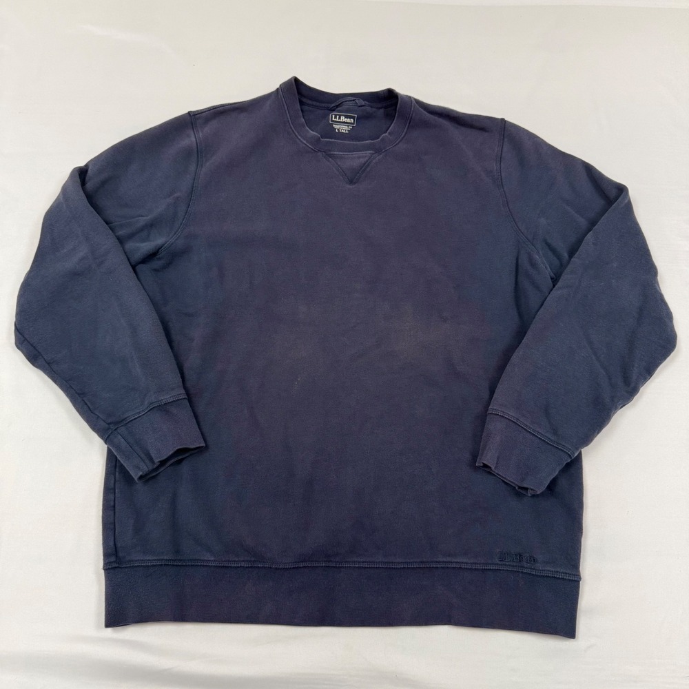 LLBean Mens L Tall Navy Blue Crewneck Sweatshirt Cotton Blend Distressed Faded